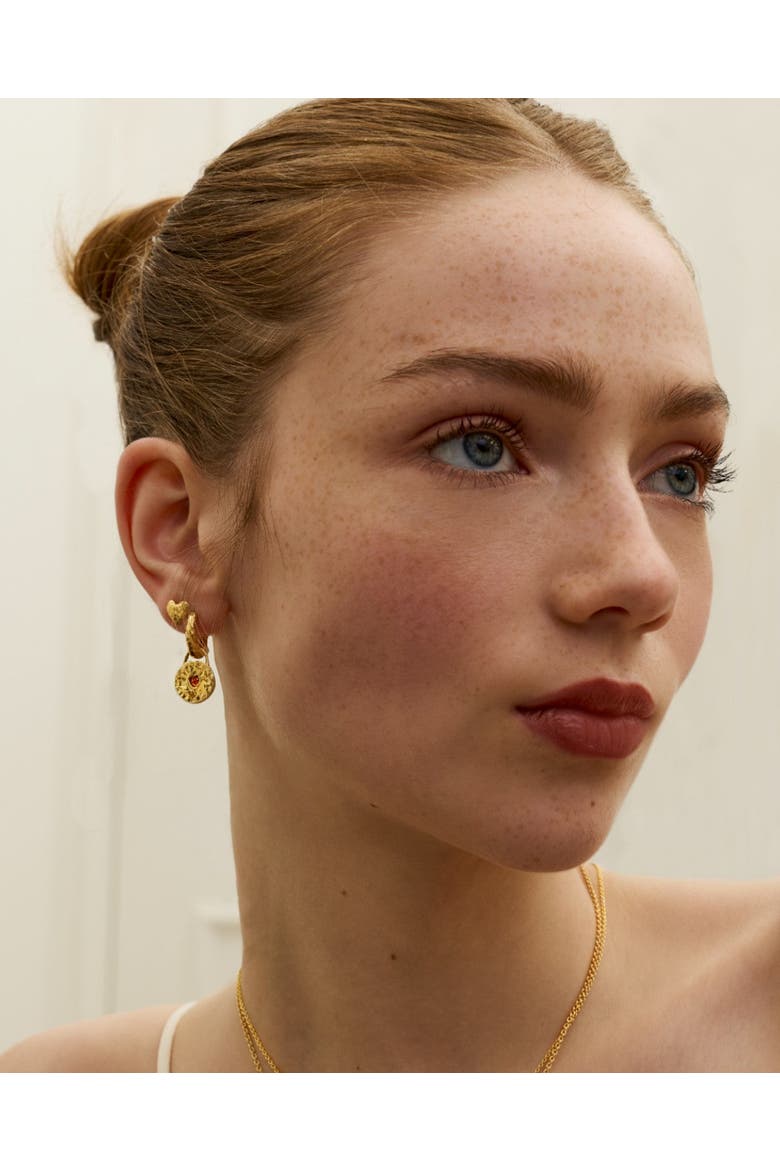 Garnet Heart Huggie Earrings, Alternate, color, Gold