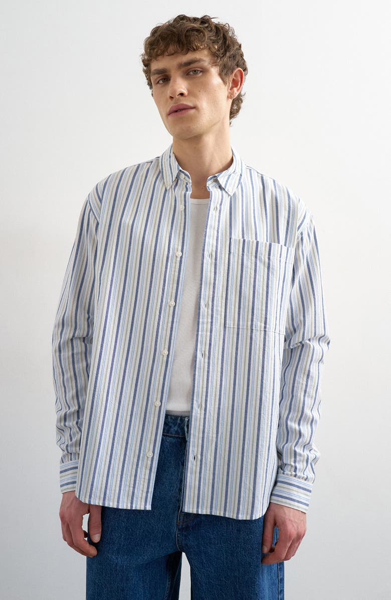 Topman Relaxed Fit Stripe Cotton Button-Down Oxford Shirt, Main, color, Blue Multi