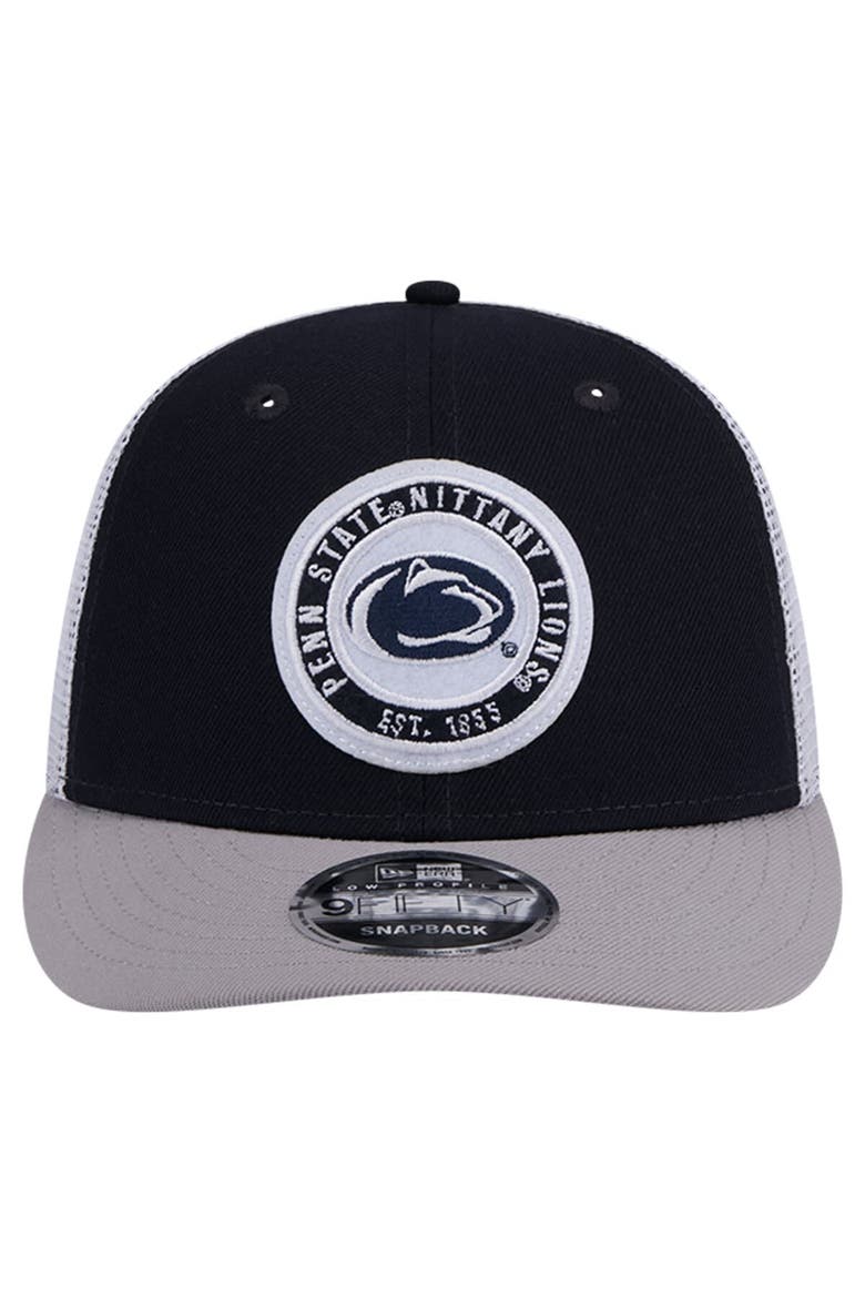 Men's New Era Navy Penn State Nittany Lions Throwback Circle Patch 9FIFTY Trucker Snapback Hat, Alternate, color, Navy