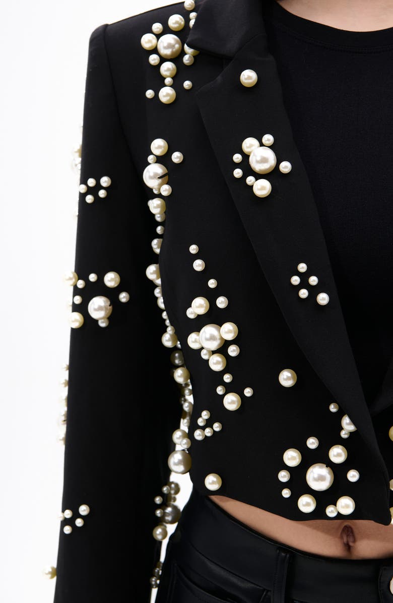 AZALEA WANG Faux Pearl Crop Blazer, Alternate, color, Black