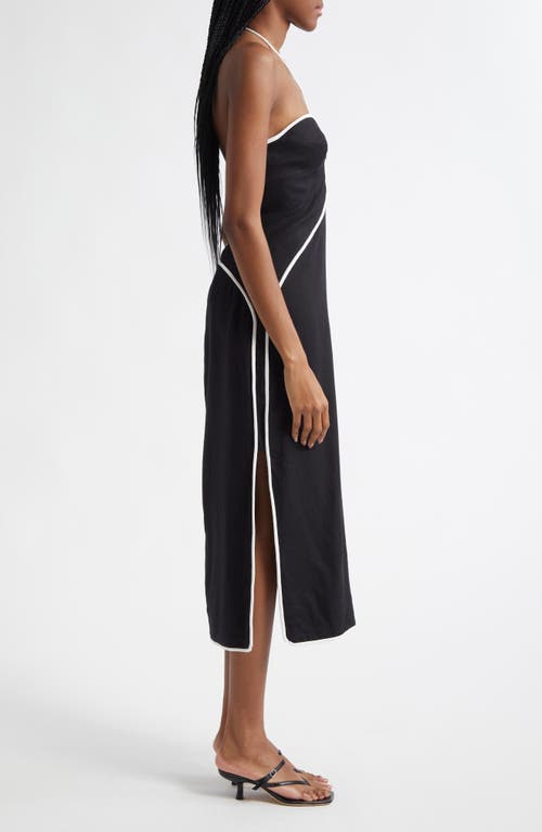 Farm Rio Contrast Detail Center Cutout Linen Blend Midi Dress In Black And White