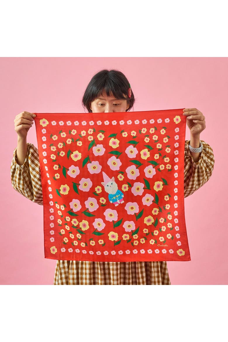 Cat Garden Gnome Cotton Silk Bandana, Alternate, color, Red