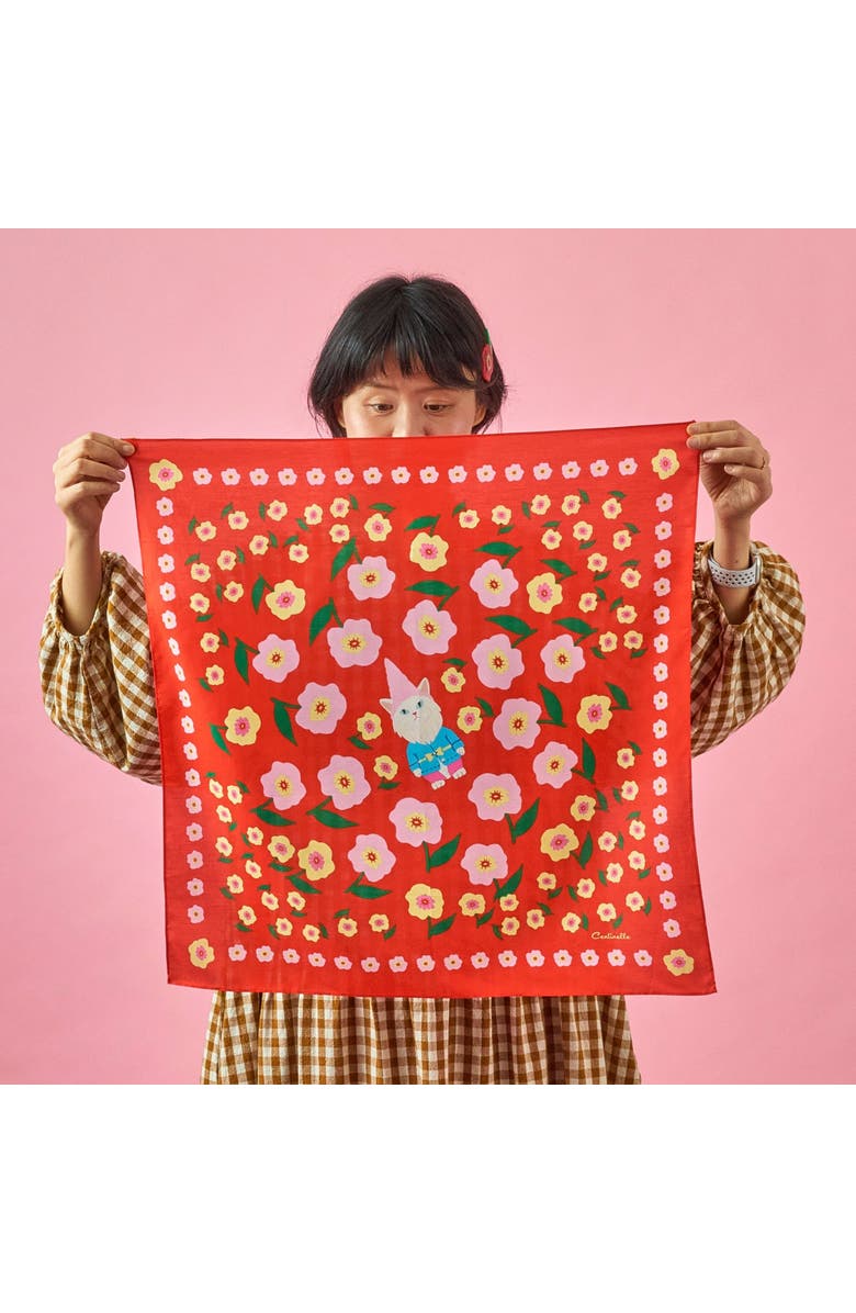 Centinelle Cat Garden Gnome Cotton Silk Bandana, Alternate, color, Red