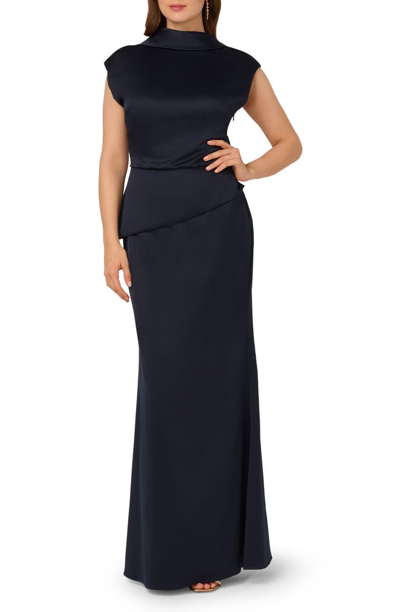 Adrianna Papell Popover Satin Crepe Gown, Main, color, Dark Navy