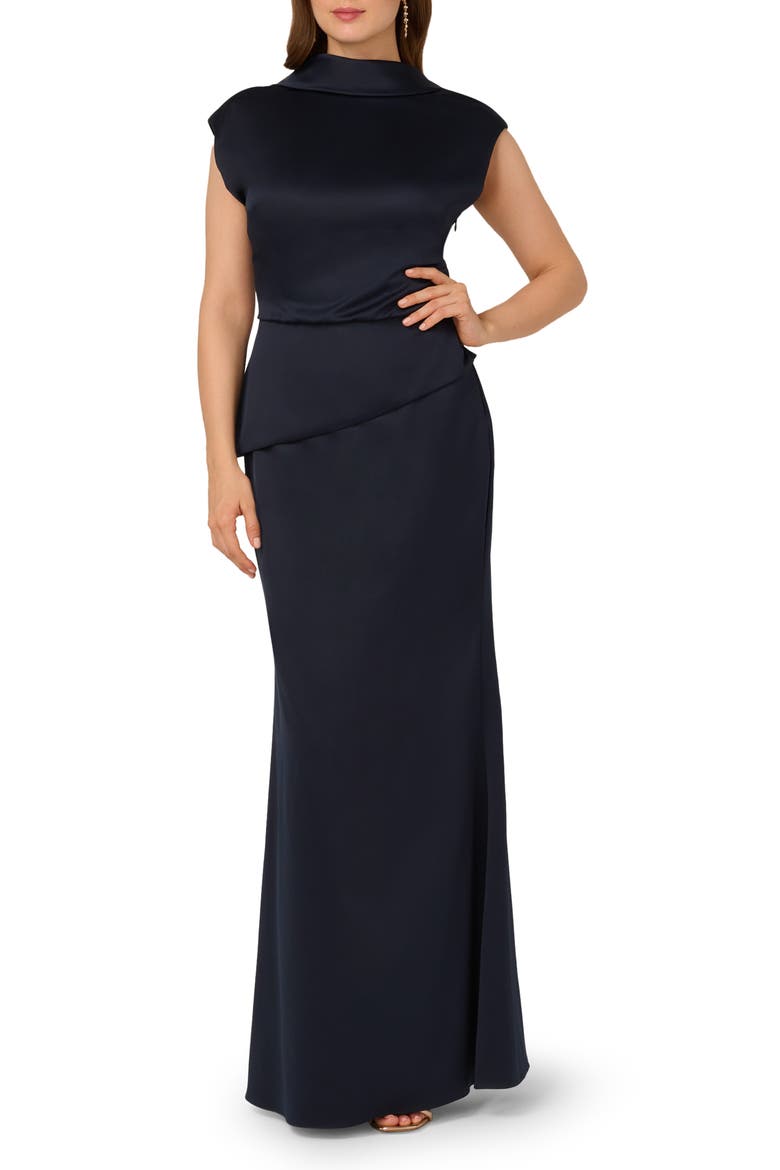 adrianna papell satin crepe dress ADRIANNA PAPELL NWT SIZE 14 Dark navy SATIN CREPE LONG GOWN