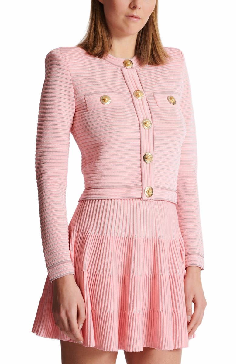 Balmain Long-Sleeved Textured Knit Cardigan, Alternate, color, Pink