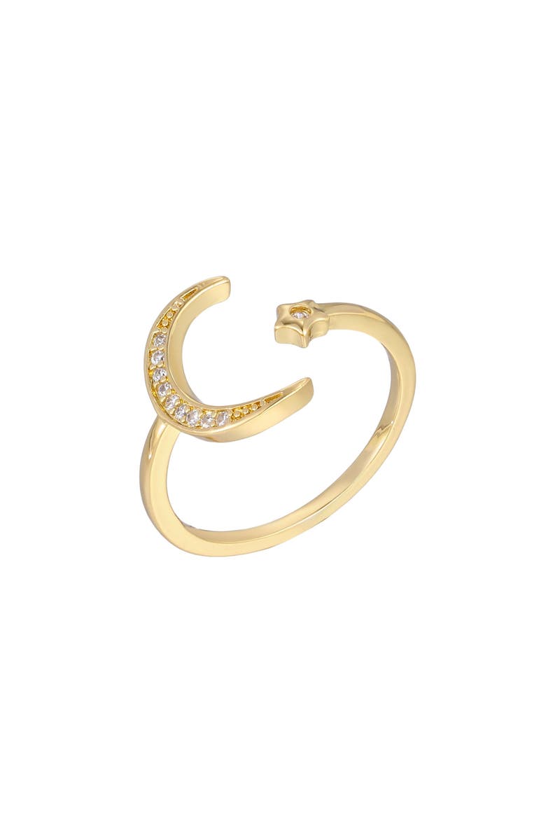14K Gold Plated Cubic Zirconia Moon & Star Open Band Ring, Main, color, GOLD