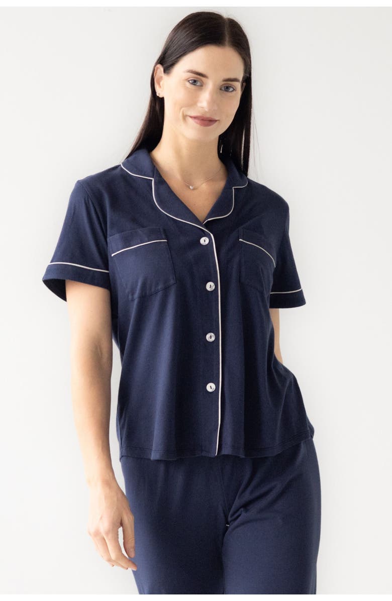 SALUA Classic Luxury Capri Pajamas in  Brushed Pima Cotton, Alternate, color, Navy/White