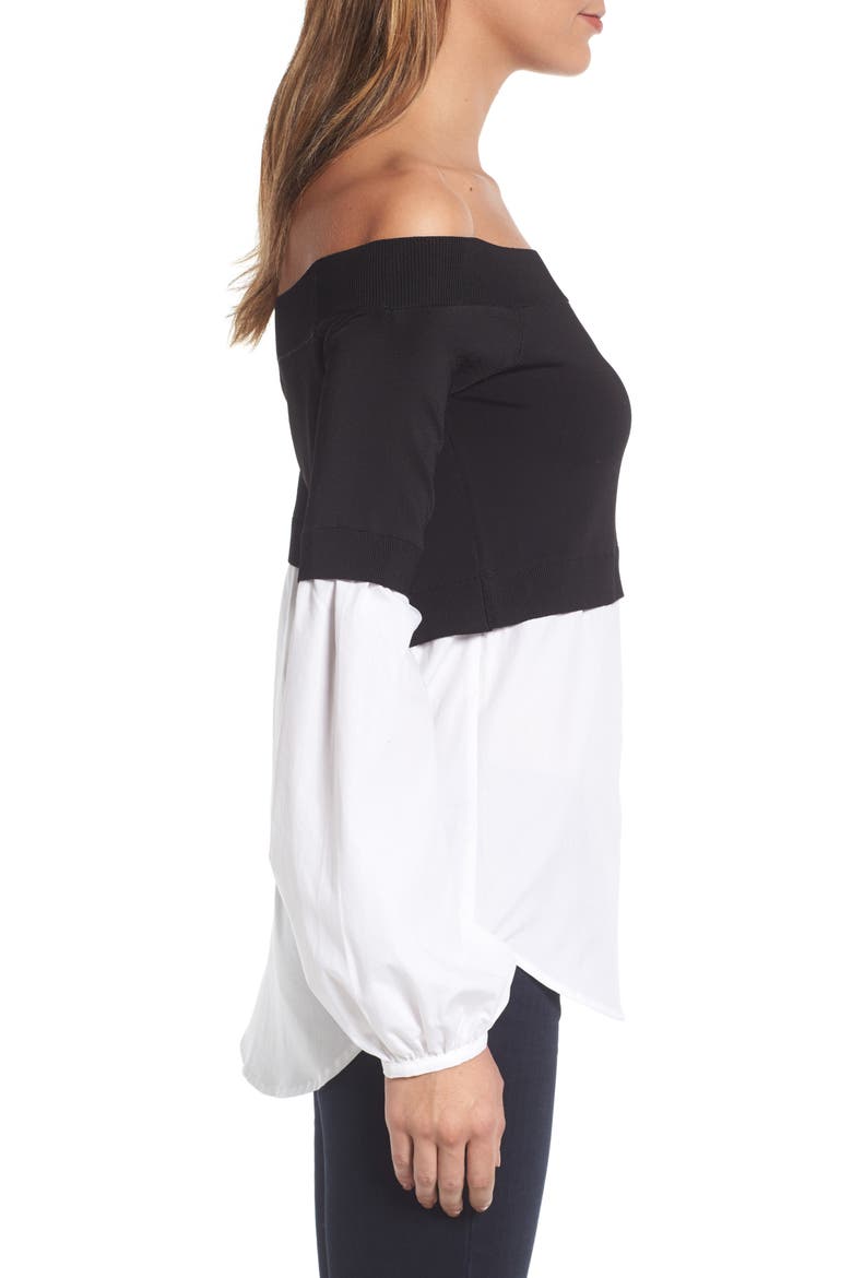 Off the Shoulder Poplin Sweater, Alternate, color, BLACK- WHITE COMBO