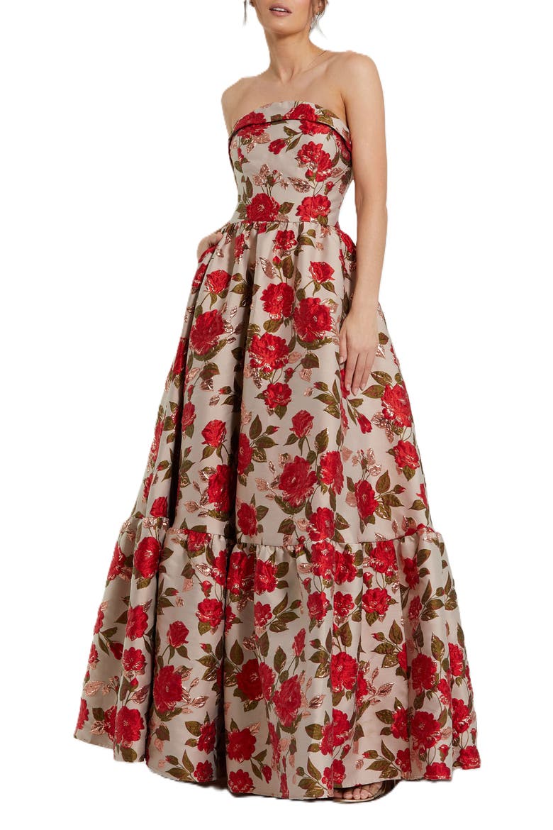 Brocade Strapless Floral Gown With Ruffle Hem, Main, color, White Multi