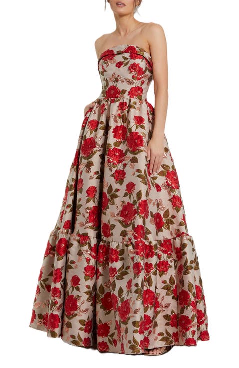 Brocade Strapless Floral Gown With Ruffle Hem