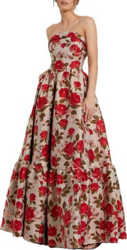 Mac Duggal Brocade Strapless Floral Gown With Ruffle Hem