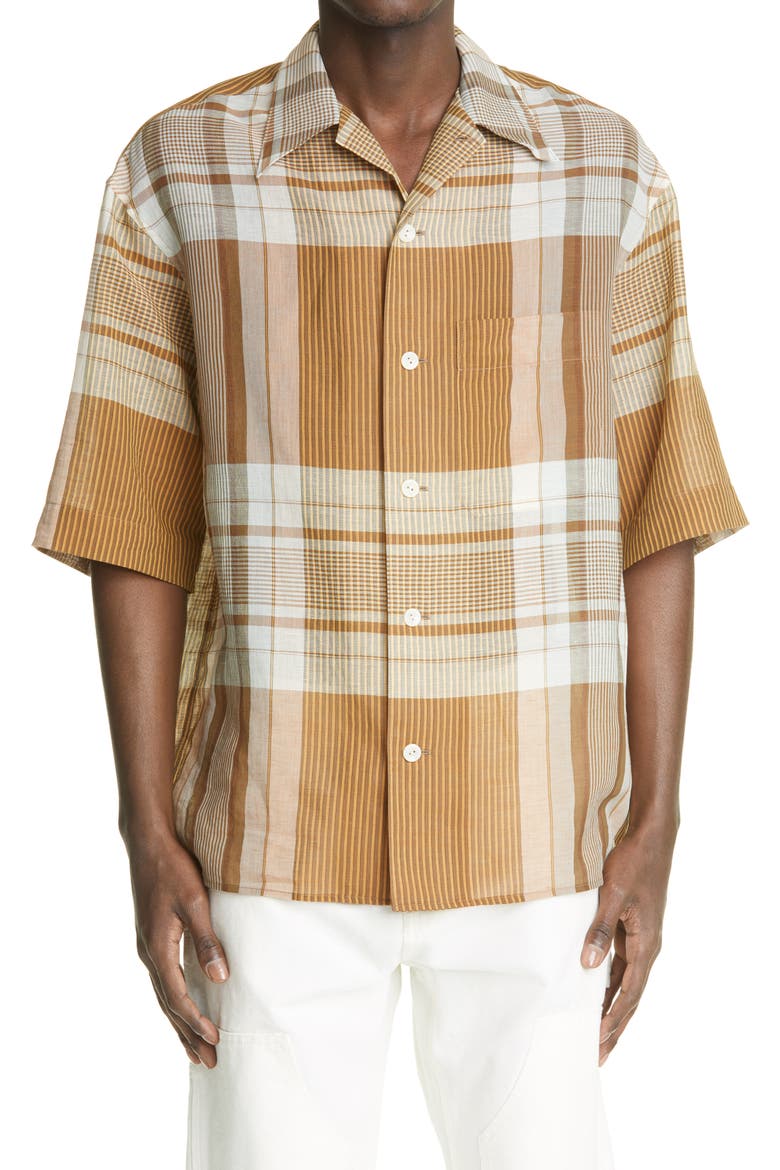 Plaid Cotton & Linen Button-Up Camp Shirt, Main, color, 125 LIGHT YELLOW W/ LIGHT BLUE