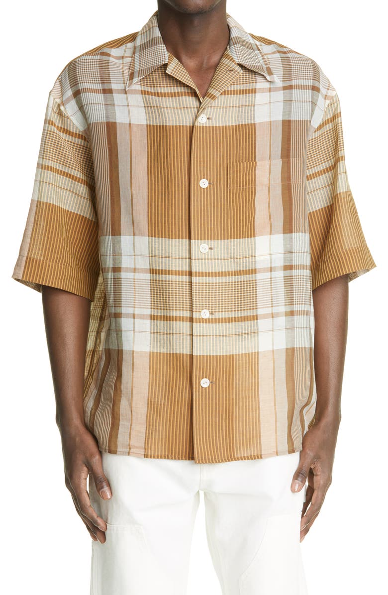 Lemaire Plaid Cotton & Linen Button-Up Camp Shirt, Main, color,