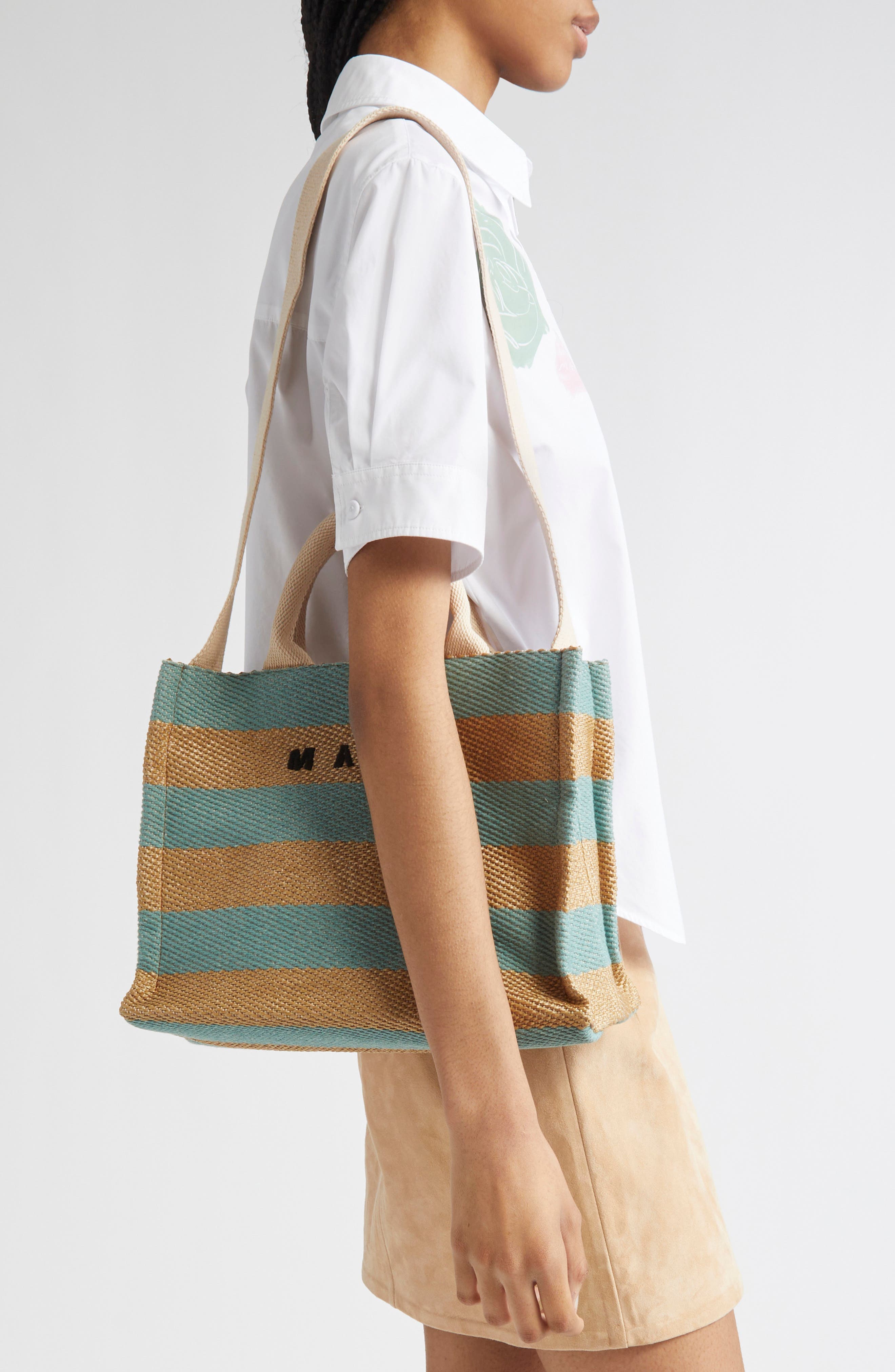 Marni Small Logo Stripe Woven Tote, Alternate, color, Teal/ Blue