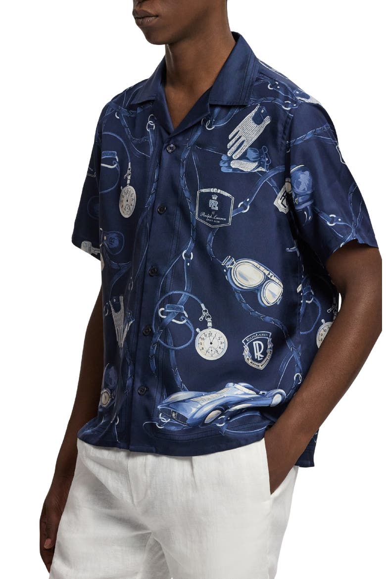 Automobile Print Silk Twill Camp Shirt, Alternate, color, RL SPEED CLUB RACING NAVY