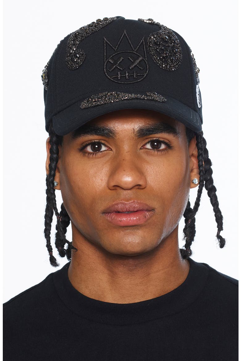 Paisley Embellished 5-Panel Trucker Hat, Alternate, color, BLACK