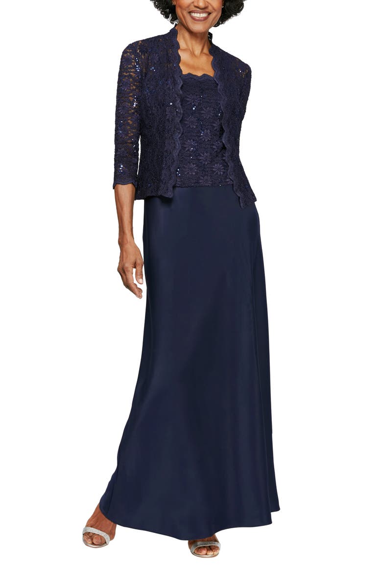 Sequin Lace & Satin Gown with Jacket, Main, color, MIDNIGHT
