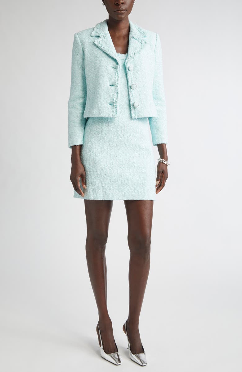 ST. JOHN Fringed Compact Tape Tweed Sheath Dress, Alternate, color, Aqua