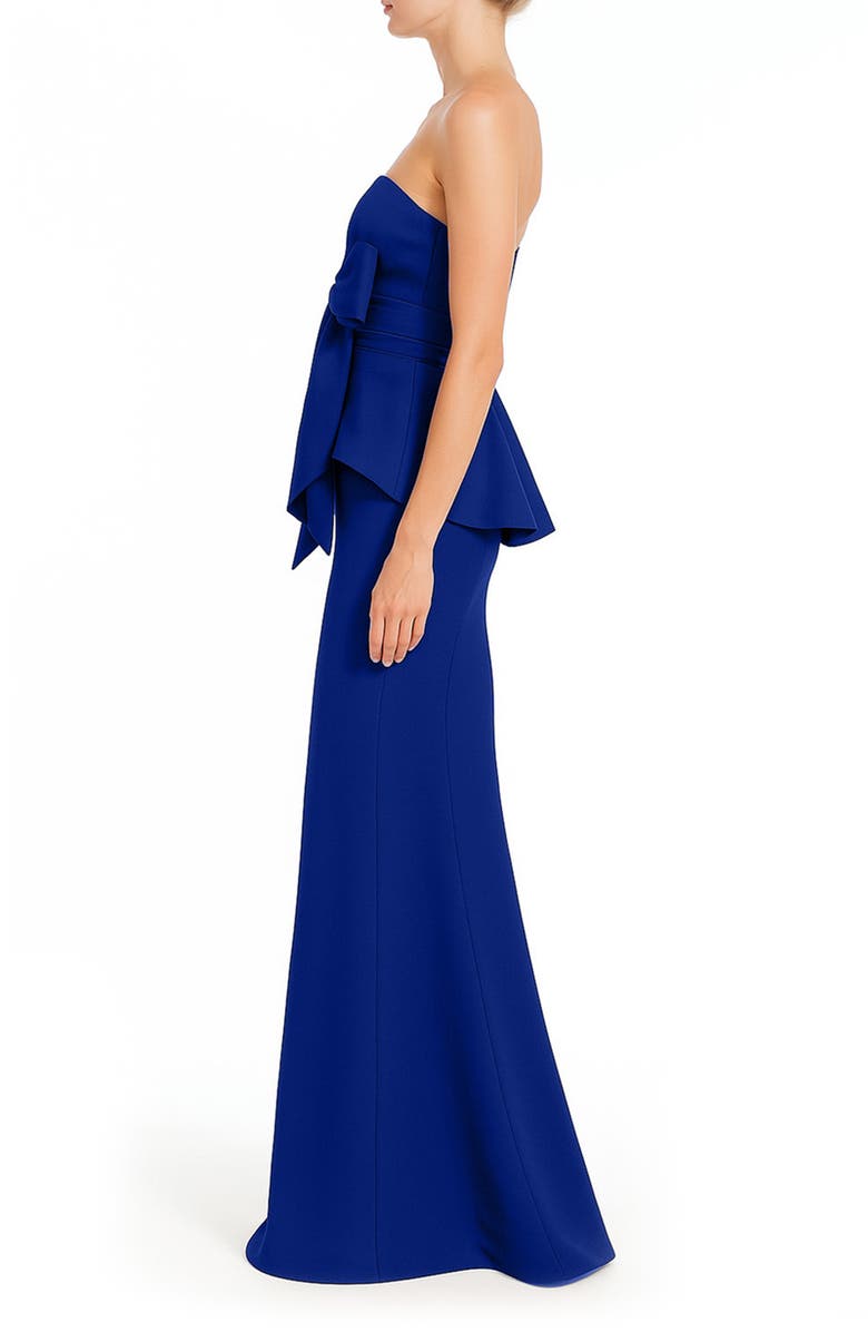 Badgley Mischka Collection Bow Detail Strapless Peplum Mermaid Gown, Alternate, color, Blueberry