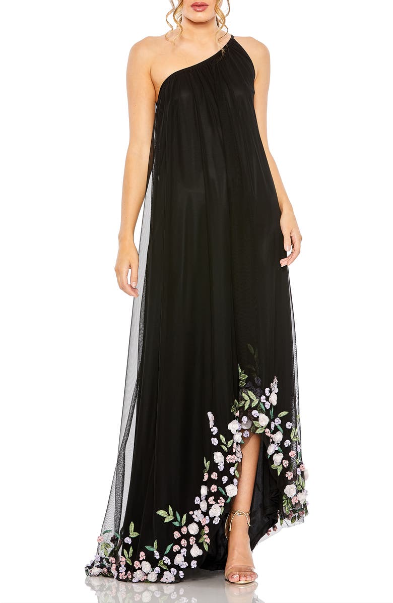 Mac Duggal One Shoulder Trapeze Embellished High Low Gown, Main, color, Black