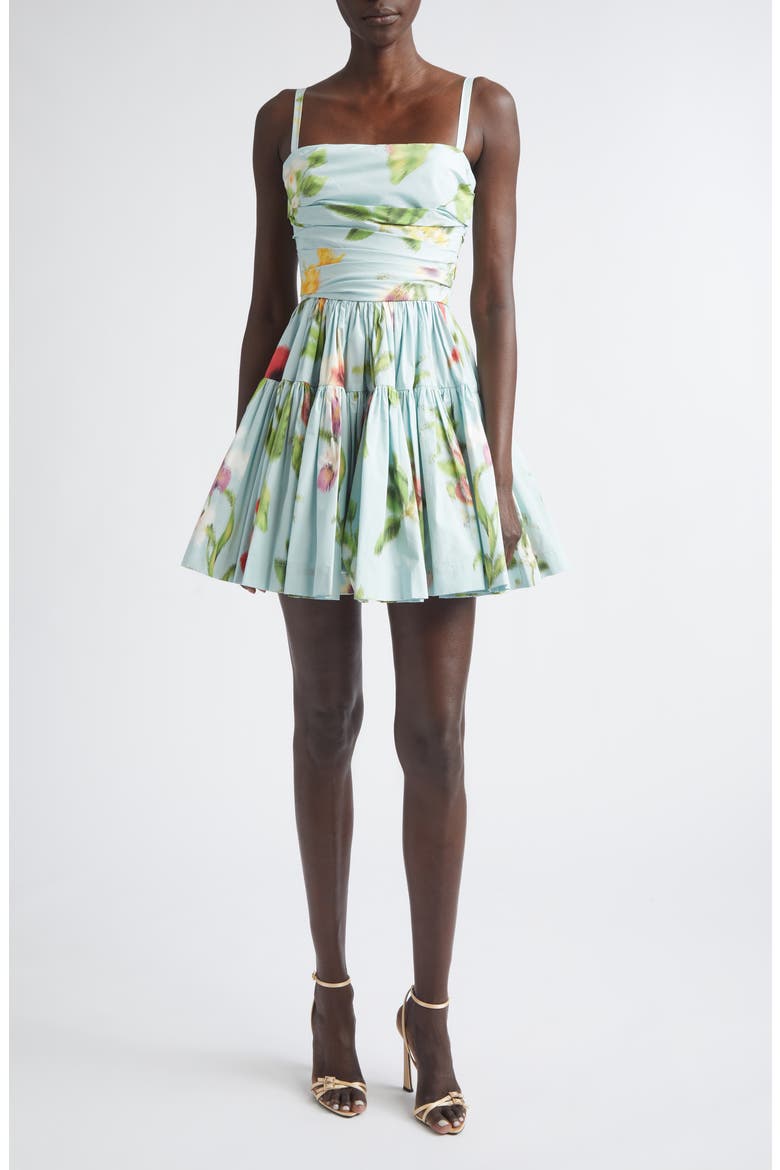 Chiné Floral Print Ruched Cotton Stretch Poplin Sundress, Main, color, SALTWATER MULTI
