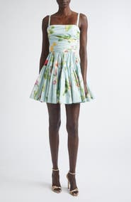 Oscar de la Renta Chiné Floral Print Ruched Cotton Stretch Poplin Sundress