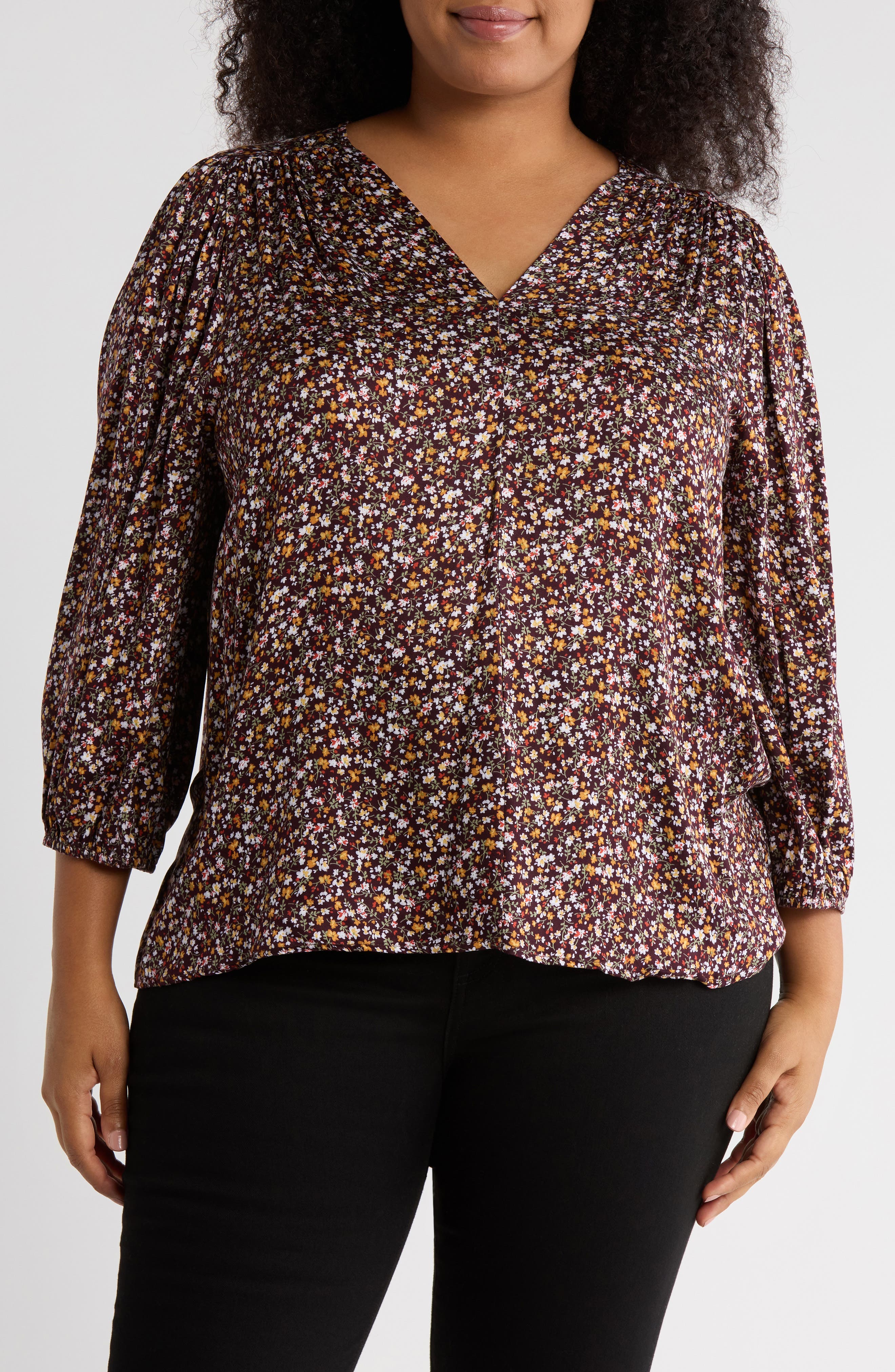 Renee C Floral V-Neck Balloon Sleeve Top