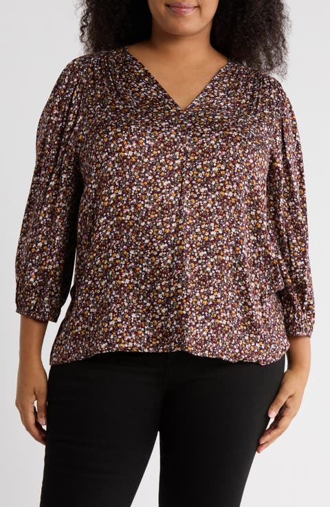 Floral V-Neck Balloon Sleeve Top (Plus)