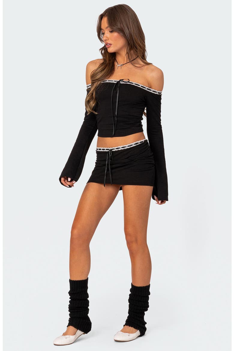 Seline Ribbon Trim Off The Shoulder Crop Top, Alternate, color, BLACK