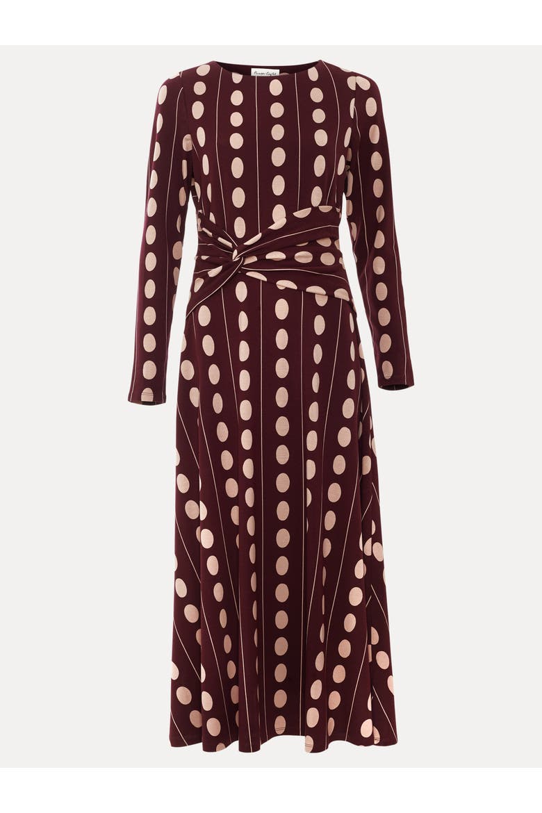 Eugenie Spot Knot-Waist Midi Dress, Alternate, color, Burgundy