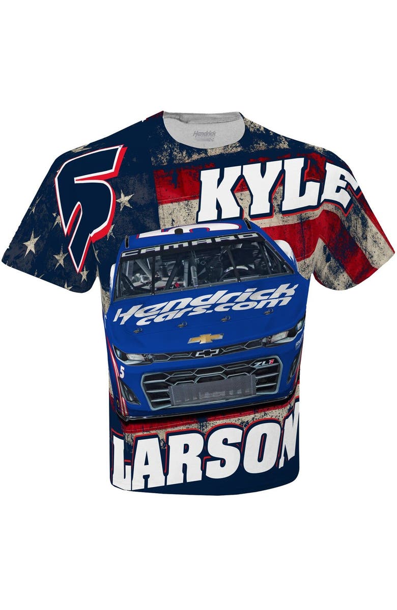 HENDRICK MOTORSPORTS TEAM COLLECTION Men's Hendrick Motorsports Team Collection White Kyle Larson HendrickCars.com Sublimated Patriotic Total Print T-Shirt, Alternate, color, 