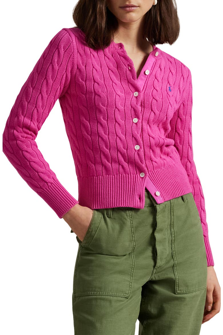 Cable Knit Cotton Crewneck Cardigan, Main, color, REGATTA PINK