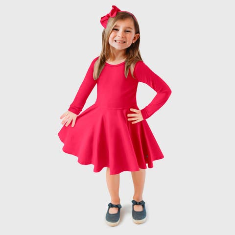 Girls Soft Jersey 100% Cotton Long Sleeve Skater Twirly Dress (Toddler/Kids)