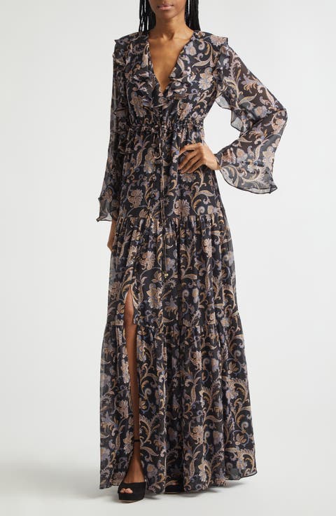 Akara Long Sleeve Floral Paisley Silk Maxi Dress