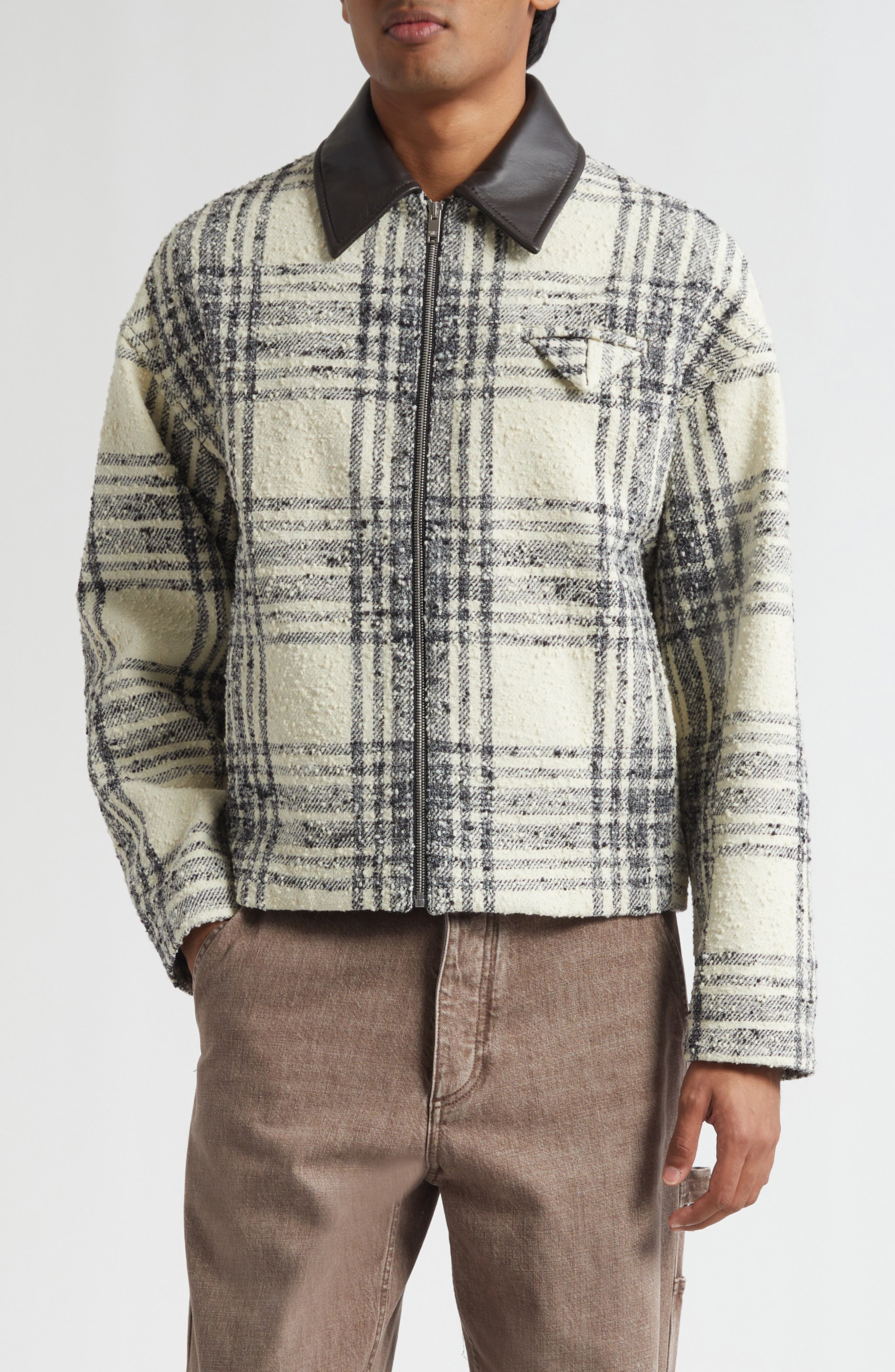 Compact Boucle Check Wool Blend Jacket with Leather Trim