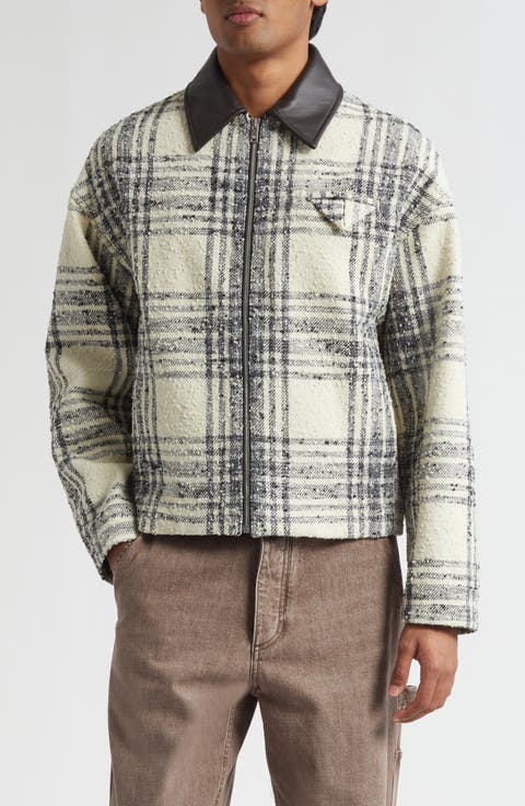 Compact Bouclé Check Wool Blend Jacket with Leather Trim