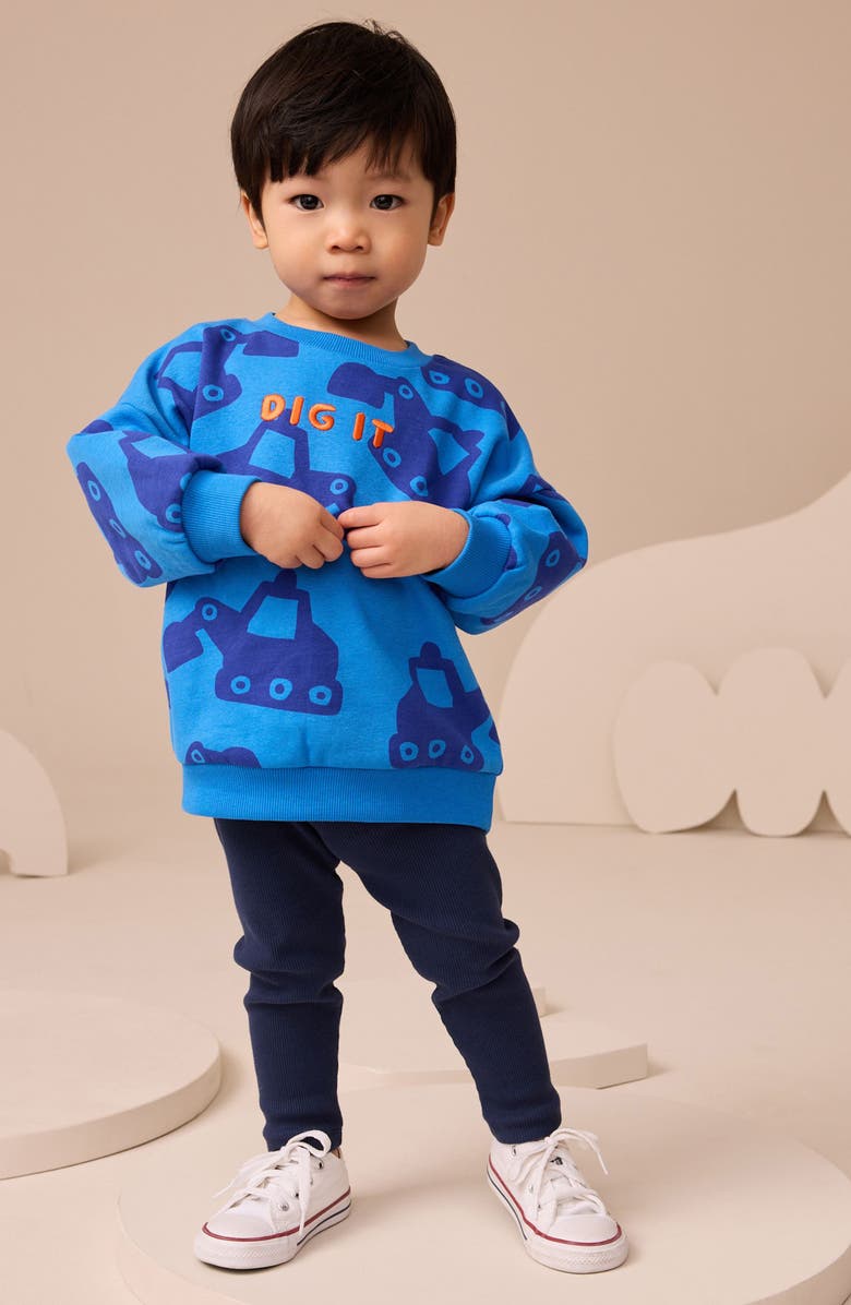 NEXT Kids' Digger Print Sweatshirt & Rib Leggings Set, Alternate, color, Blue Multi