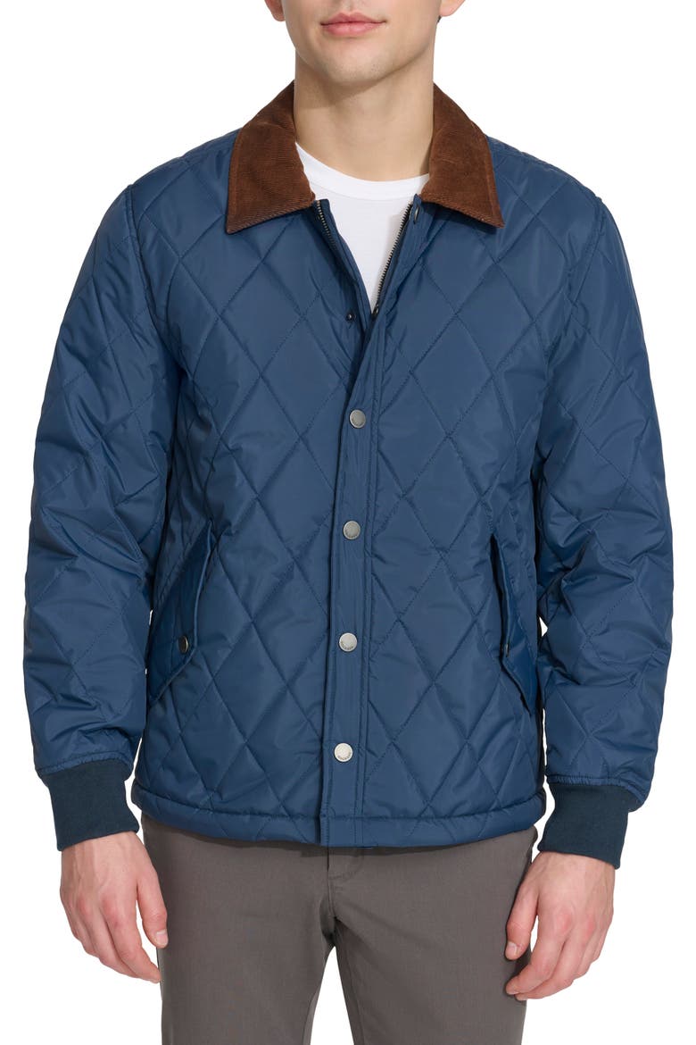 Quilted Water Resistant Corduroy Collar Bomber, Main, color, NAVY