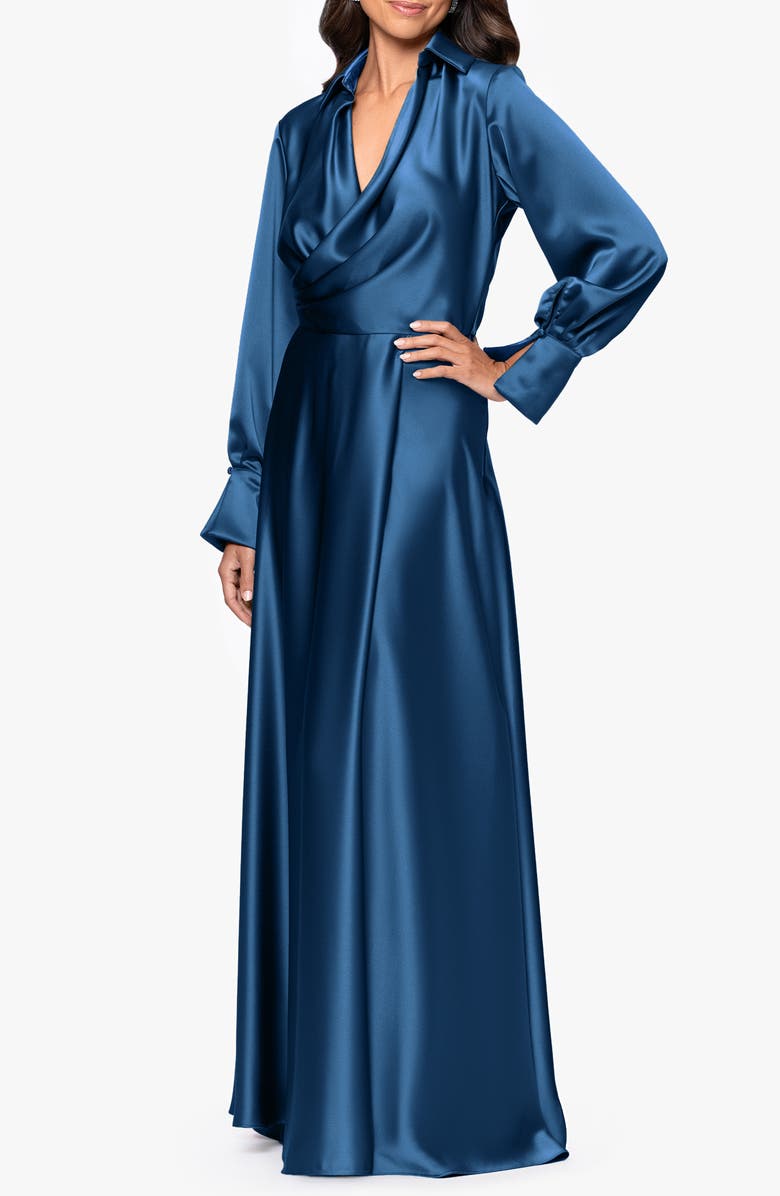 Xscape Evenings Spread Collar Long Sleeve Satin Gown, Alternate, color, Ocean
