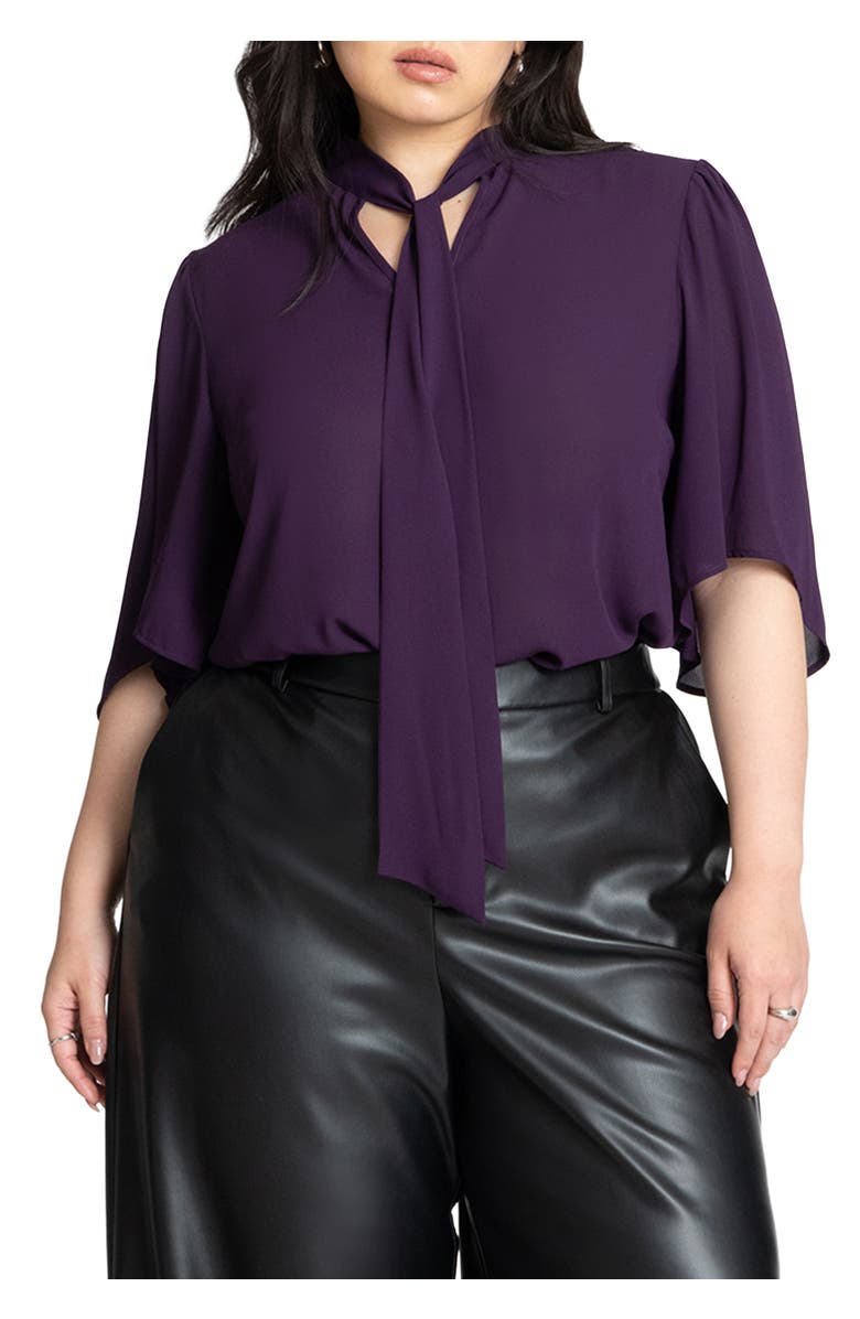 ELOQUII Bow Blouse With Flutter Sleeve, Main, color, Deep Purple