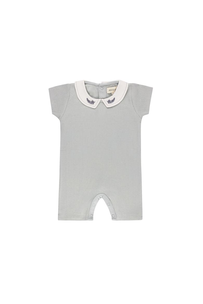 Organic Cotton Embroidered Collar Collection - Romper Boy, Main, color, Blue Leaf