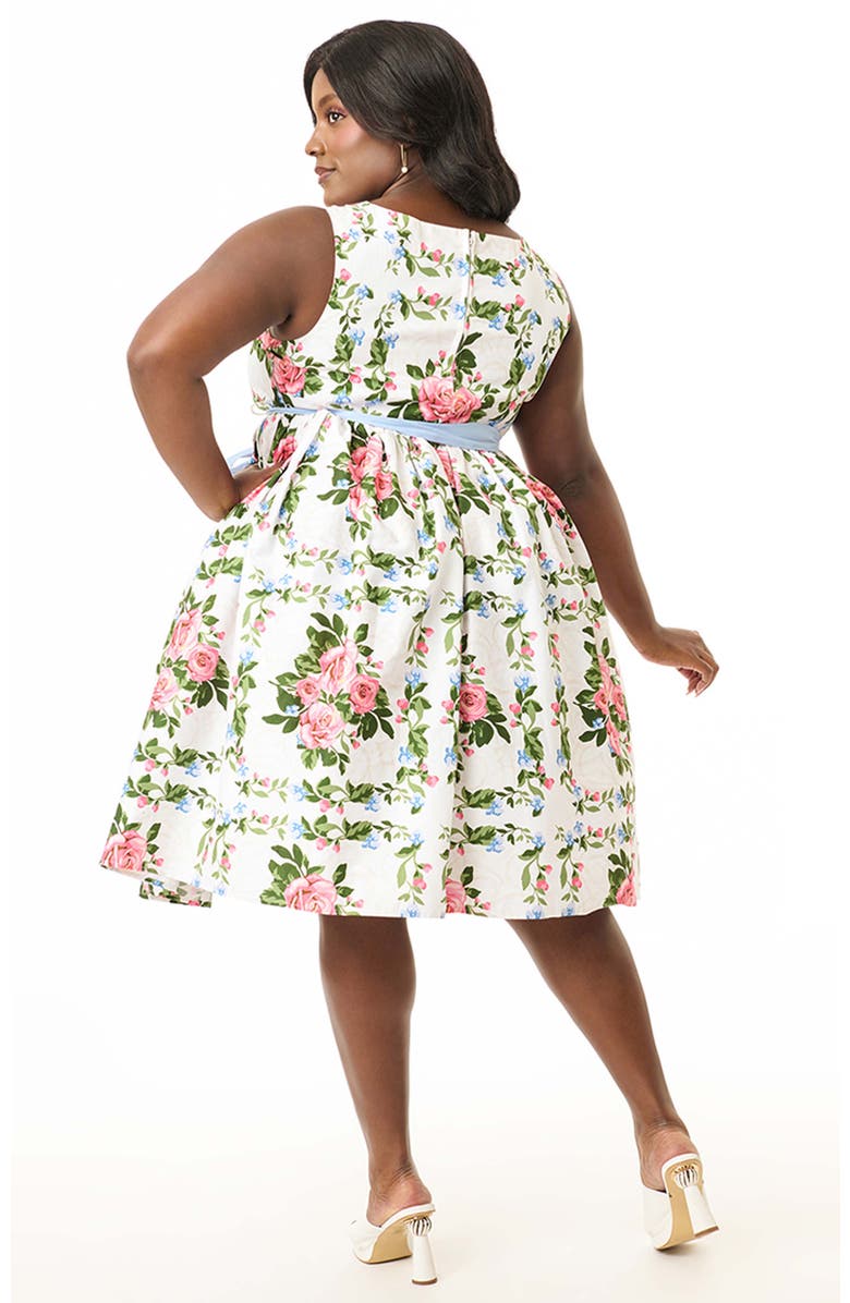 Unique Vintage Plus Size Sleeveless Belted Swing Dress, Alternate, color, White 
Pink Roses