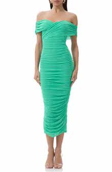 AFRM Belmont Off the Shoulder Ruched Mesh Midi Dress