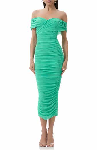 AFRM Belmont Off the Shoulder Ruched Mesh Midi Dress