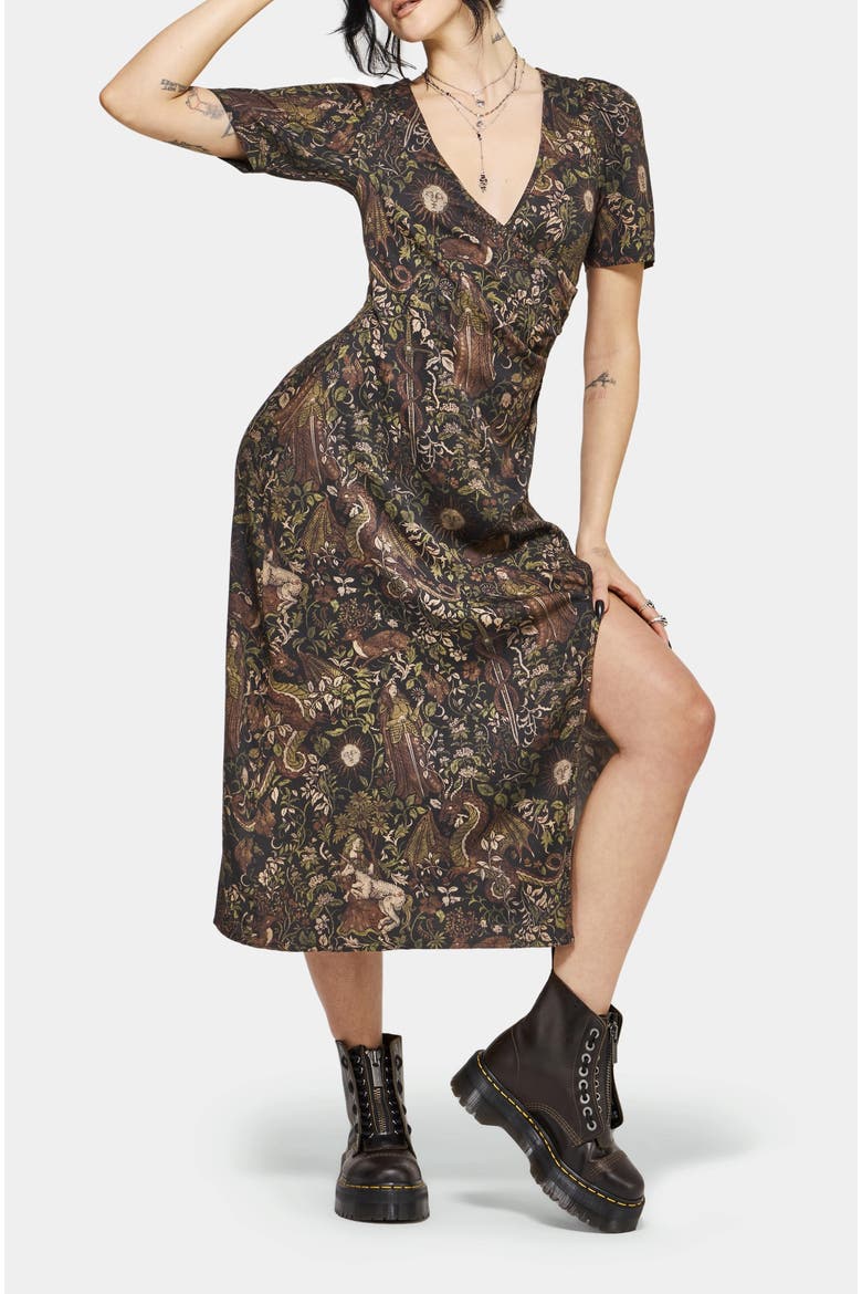 Haunt Medieval Print Wrap Midi Dress, Alternate, color, Brown