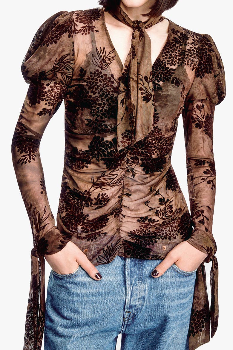 Dahlia Tulle Knit Long Sleeve Top, Alternate, color, CHOCOLATE