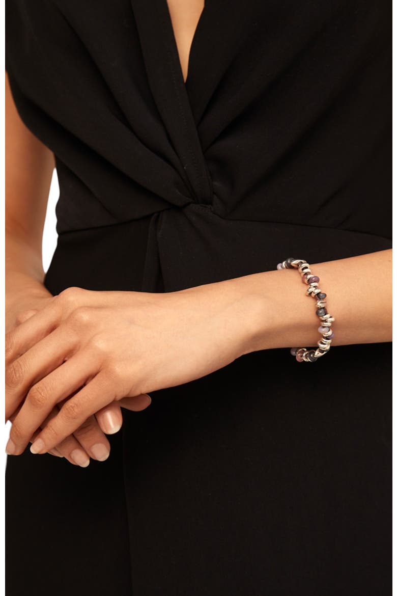 Braided Leather and Bead Bracelet, Alternate, color, Silver
