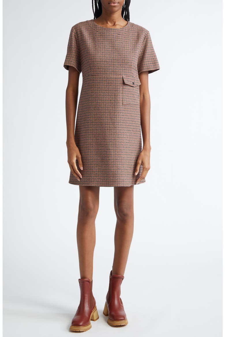 Houndstooth Check Virgin Wool Blend Dress, Main, color, BEIGE