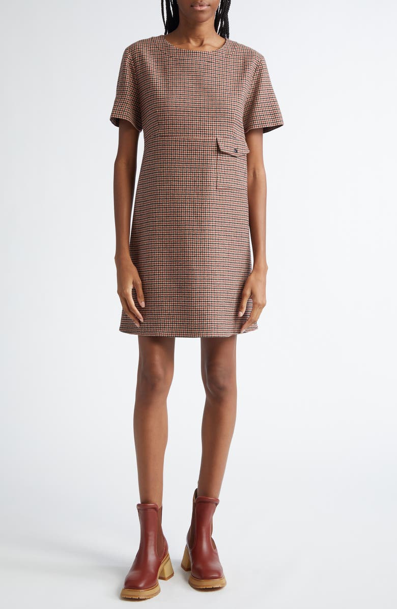 Moncler Houndstooth Check Virgin Wool Blend Dress, Main, color, 